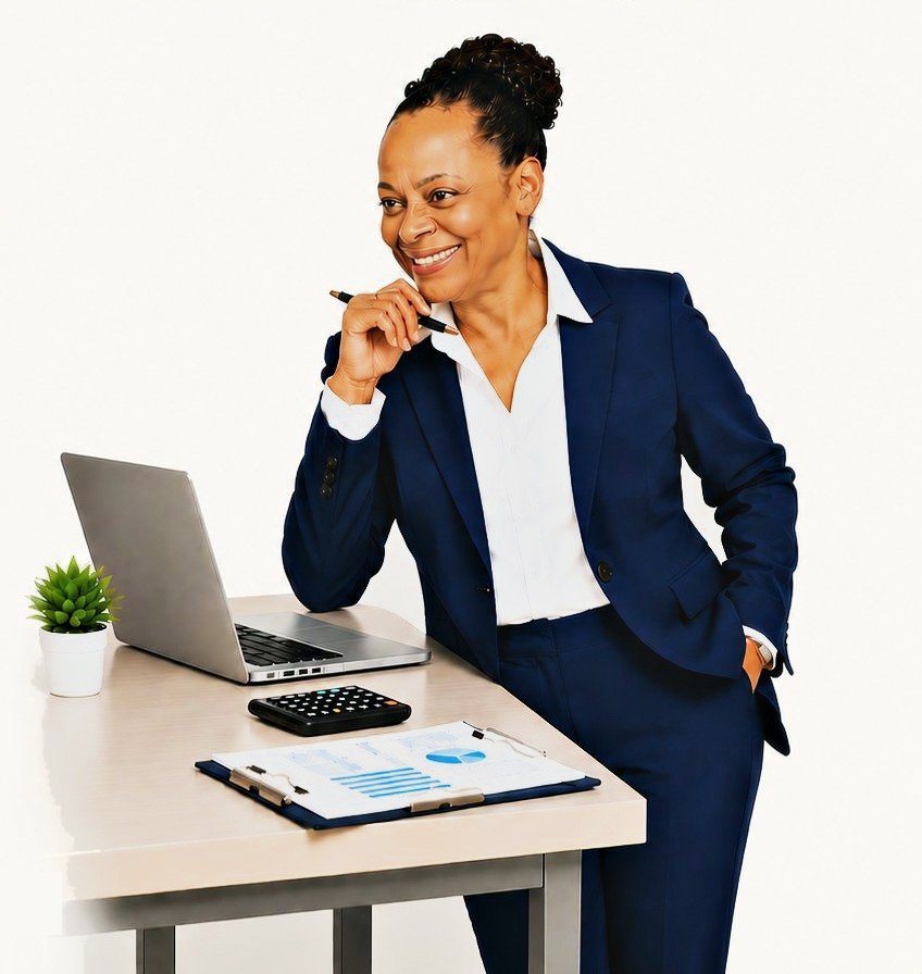 Desiree R. James at her desk with a laptop and financial reports